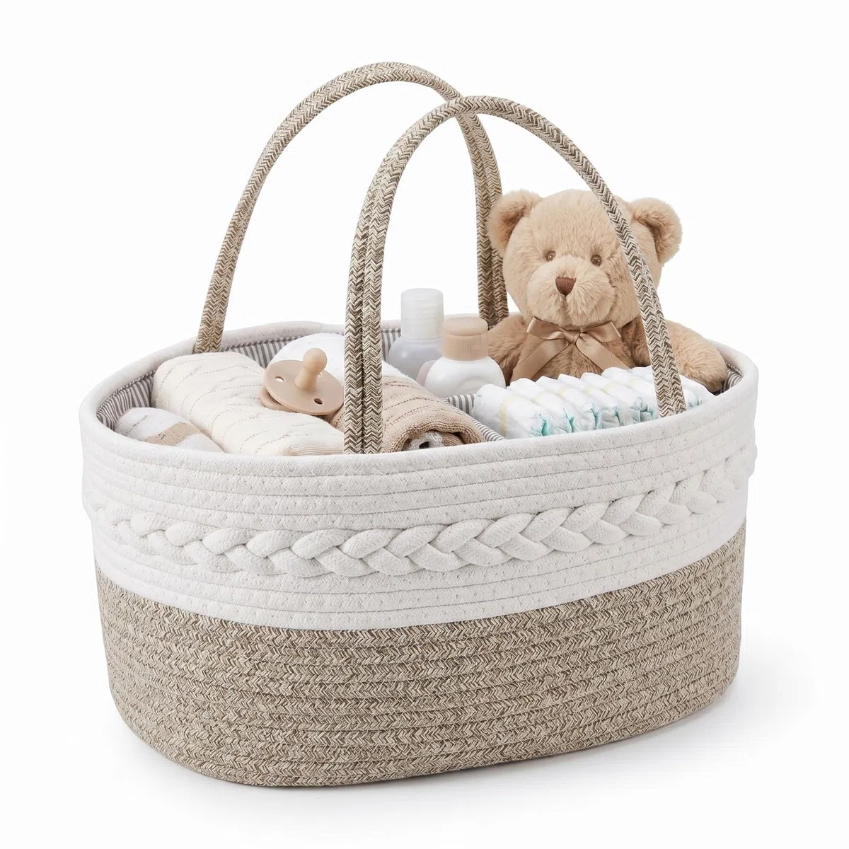 Cestino Porta Pannolini Neonato, Cesto Porta Oggetti in Corda di Cotone, Organizer Pannolini Fasciatoio con Maniglie e Scomparti, Contenitore Multiuso per Prodotti Bebè e Baby Shower