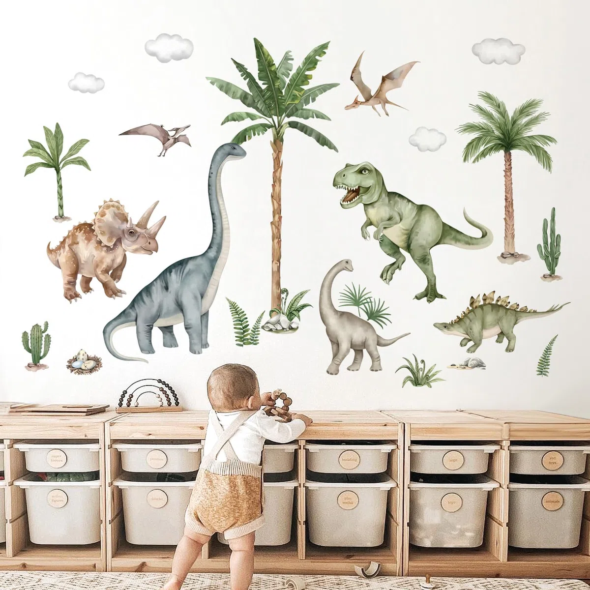 wondever Adesivi Murali Dinosauri Bambini Grande Sticker da Muro Animali Dinosauro Palma Albero Adesivi da Parete per Camerette Ragazzi Asilo Nido (164 * 83cm)