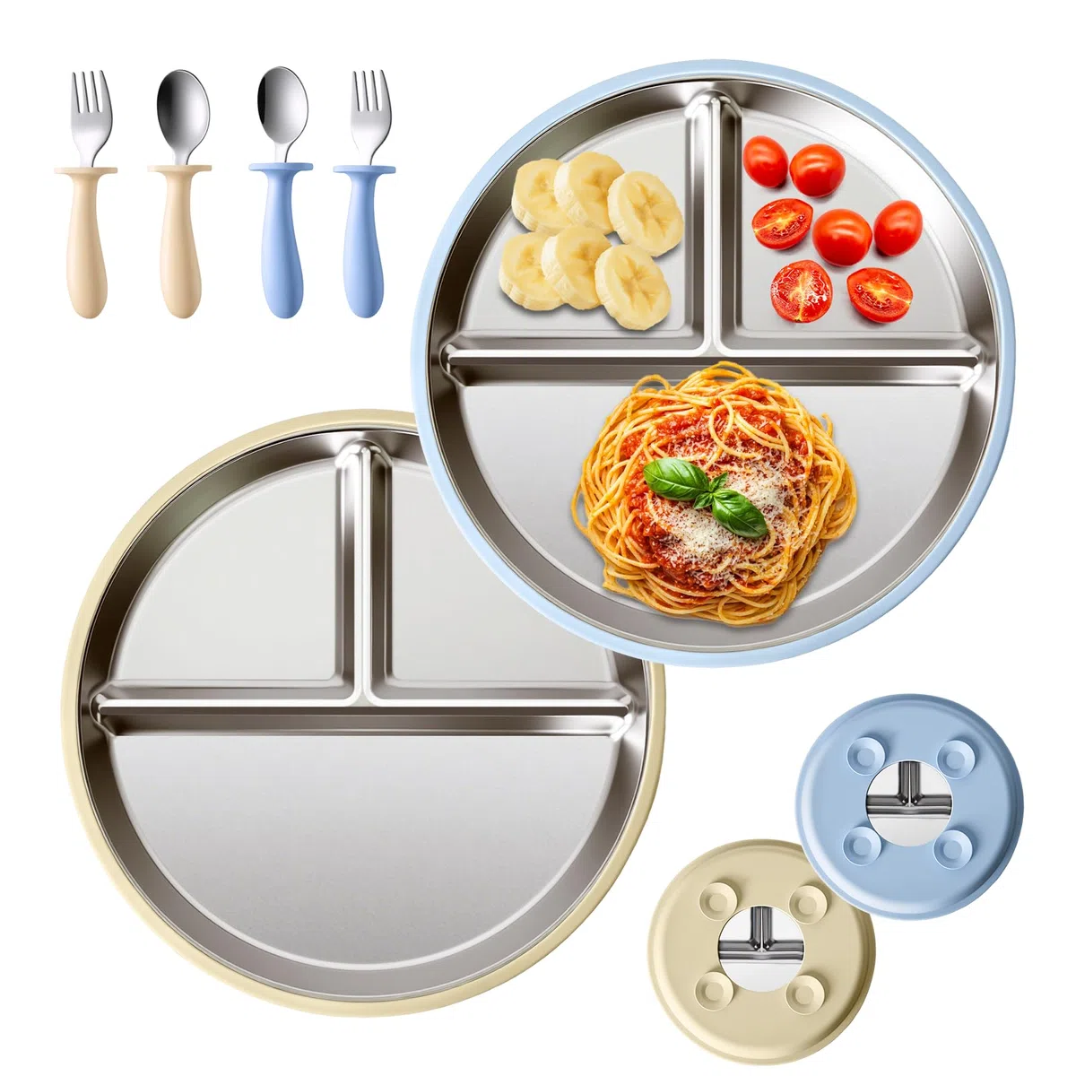 Sweetone 2 piatti per bambini con ventosa, senza BPA, in acciaio inox, antiscivolo, divisi con 2 forchette e 2 cucchiai, lavabili in lavastoviglie, ideali per mangiare autonomamente