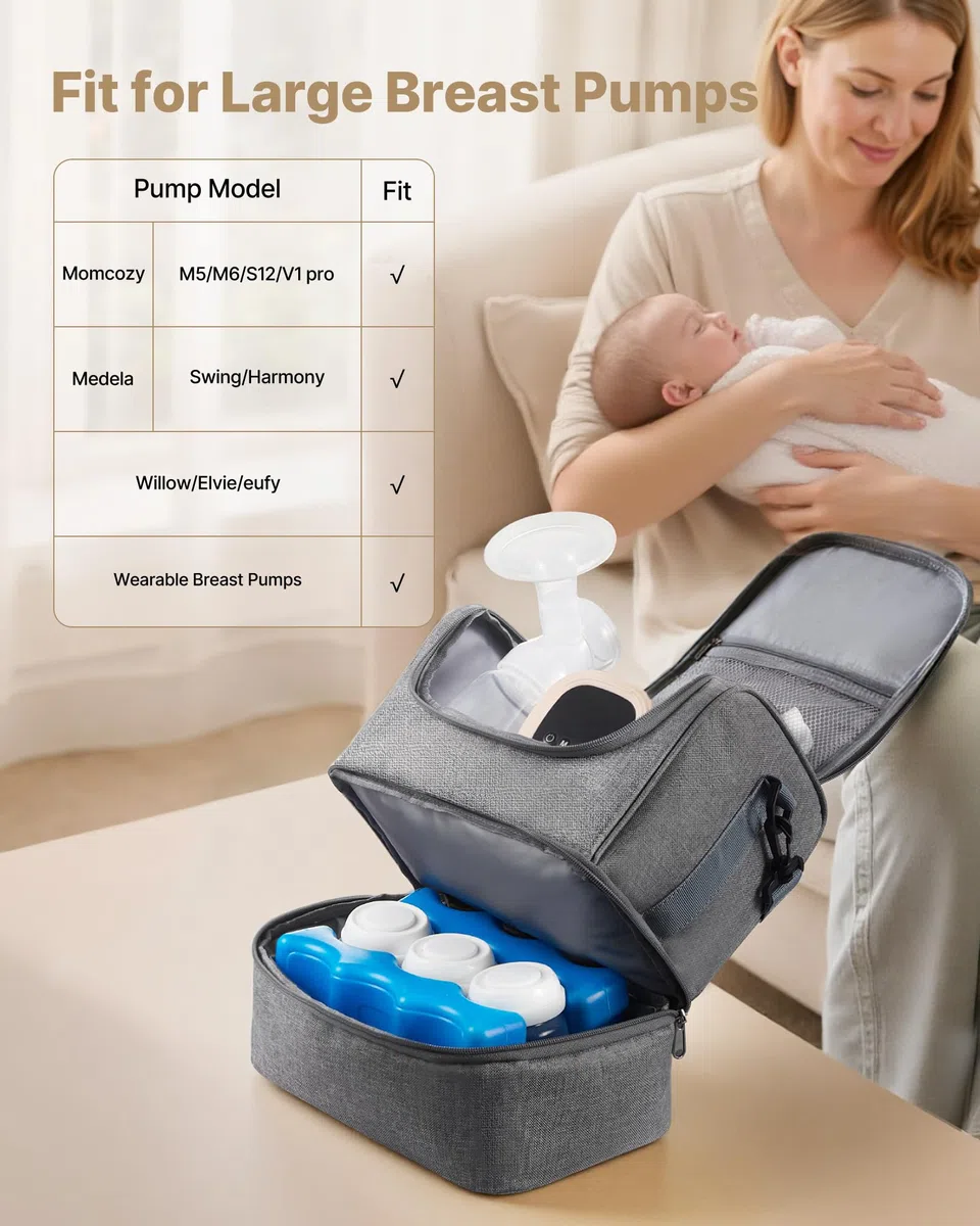 VEVOR Borsa per Tiralatte, Borsa per Biberon con Impacchi del Ghiaccio, Accessori per l'Estrazione e Conservazione del Latte Materno, per Biberon di Latte per Lavoro, Viaggio, Grigio