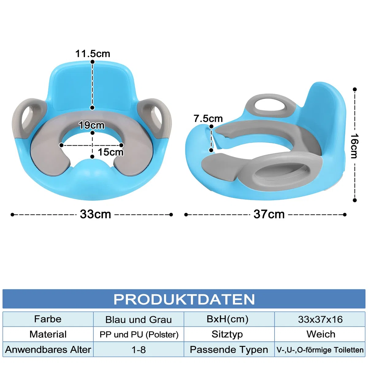 Froadp Riduttori per WC per Bambini, Seggiolino con Paraspruzzi in PU, Sgabello Portatile Antiscivolo per Vasino, Sedia di Potty Trainer per bambino 1-8 Anni Ragazzi e Ragazze (Blu)