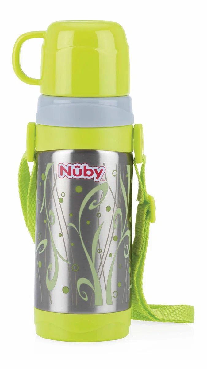 Nuby Borraccia termica per bambini con Bicchiere - con tracolla e facile da trasportare, adatta per la scuola e lo sport - Grigio