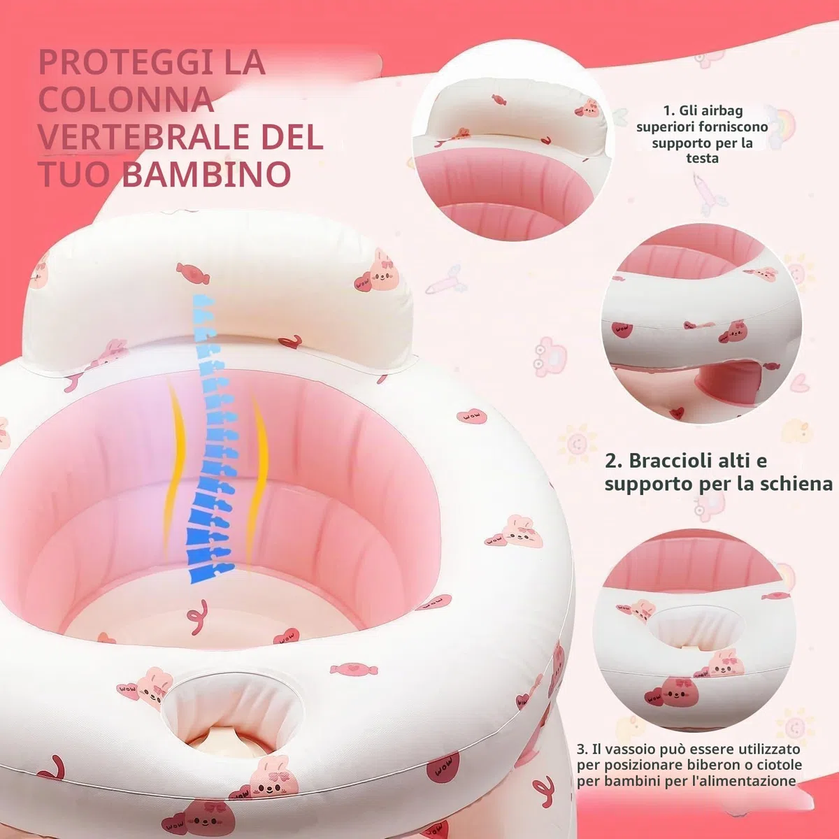 Seggiolino Gonfiabile Neonato di 3-36 Mesi di, Sedia Gonfiabile per Bebè a Pieghevole con Pompa Integrata, Supporto per Seduta per Bimbi Piccoli (Coniglio)