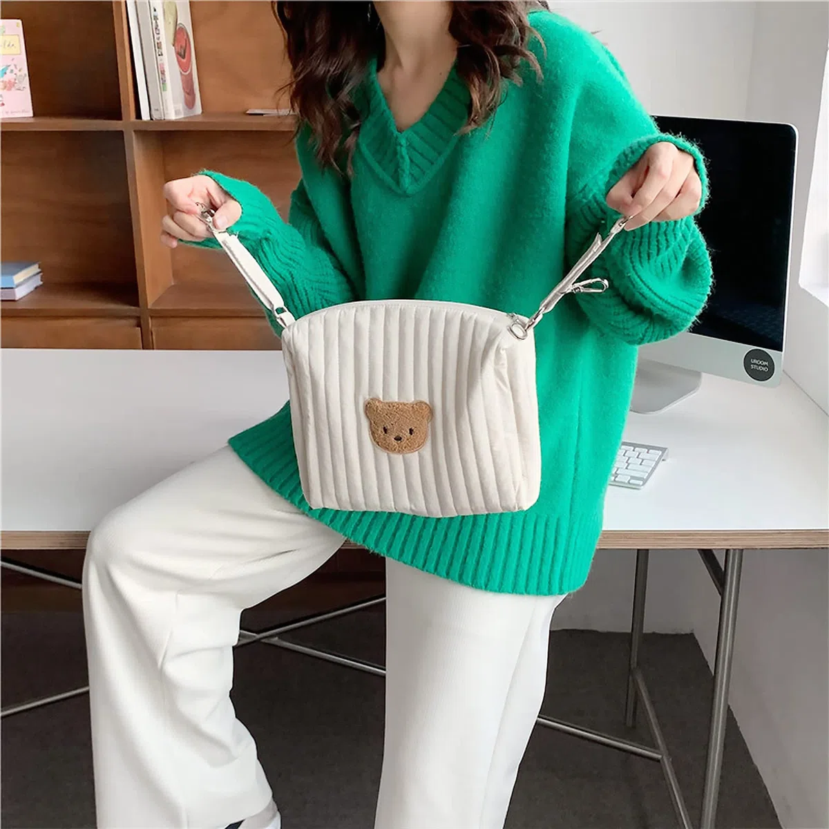 SONARIN Leggero Borsa Organizer per Passeggino,Multifunzionale Elegante Ricamo Borsa Passeggino Universale Organizzatore per Passeggino Borsa per Carrozzina Borsa Cambio(Orso, 2 Cinghie)