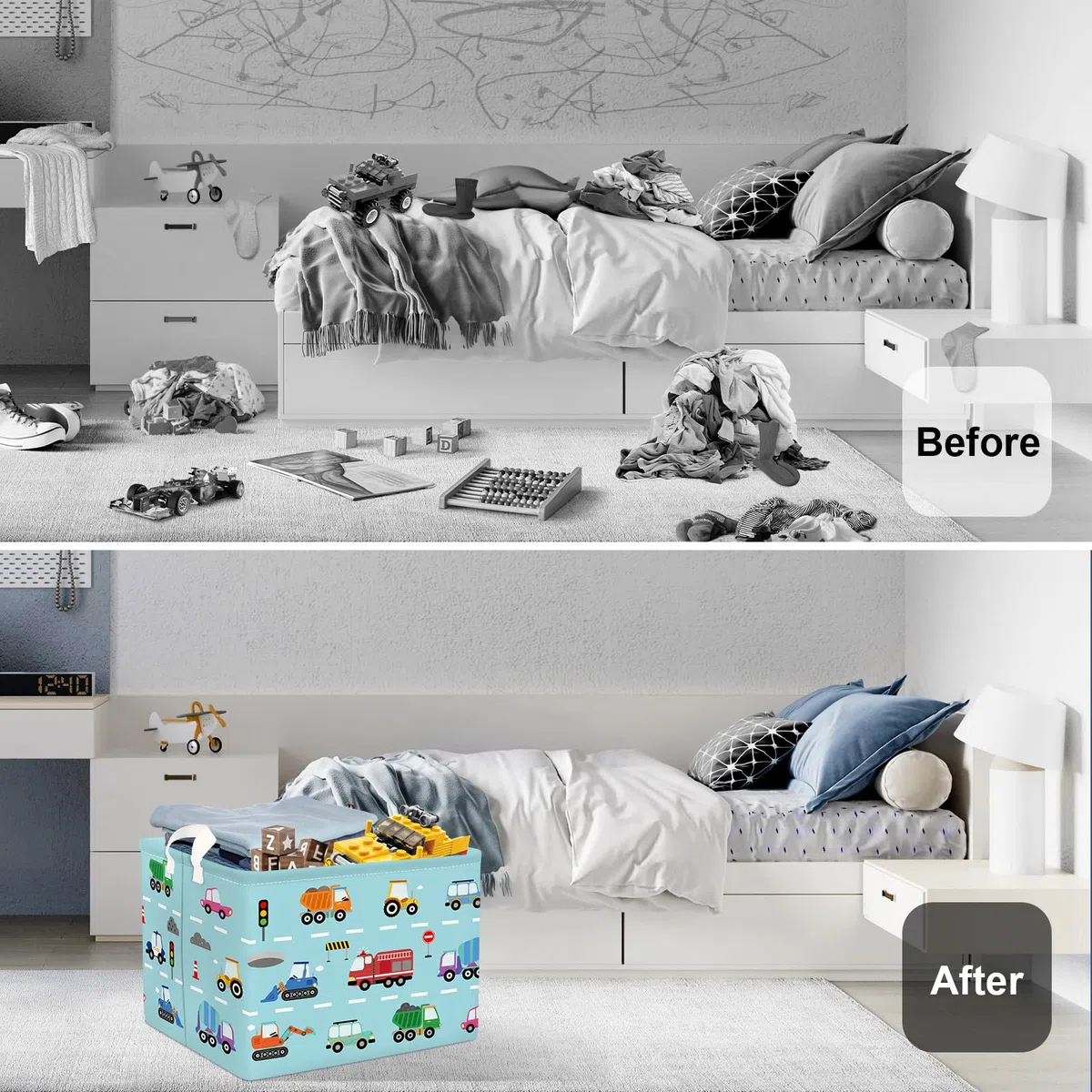 Grande Cesta Porta Biancheria Auto dei Cartoni Animati Pieghevole Cestini Portaoggetti Giocattoli Vestiti per Bambino Cesta Indumenti Sporchi per Bagno,Autopompa,36L