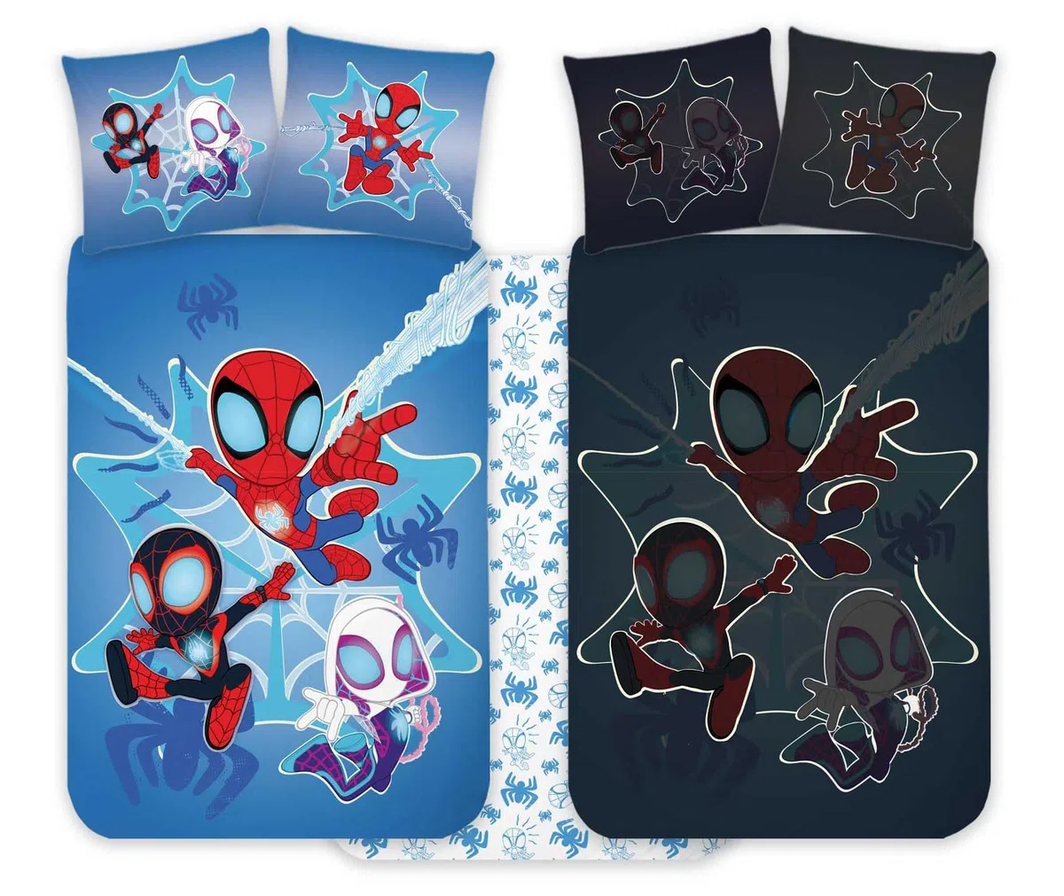 Spidey Set biancheria da letto per bambini 100 x 135 cm + federa 40 x 60 cm, 100% cotone | Set biancheria da letto fosforescente perfetto per bambini | Spiderman morbido e reversibile per ragazzi e