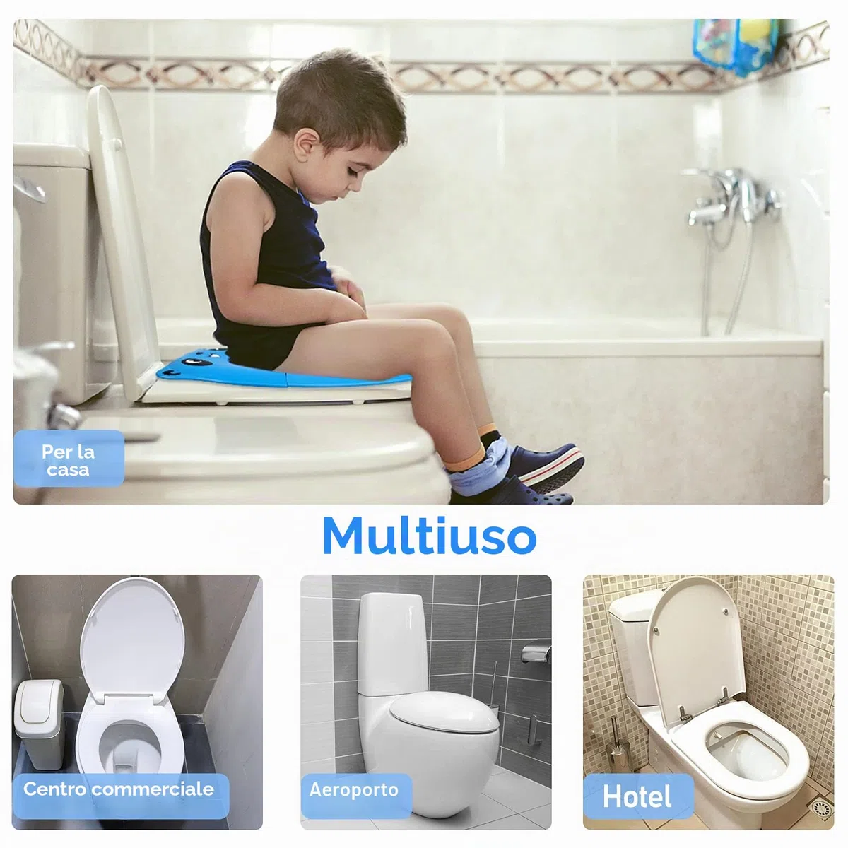 Riduttore Water Bambini Vasino per Bambini, WC Riduttore Toilette Sedile, Vasino Portatile da Viaggio Sedile con 8pcs Cuscinetti Antiscivolo e 1 Borsa per il Trasporto, Panda Blu