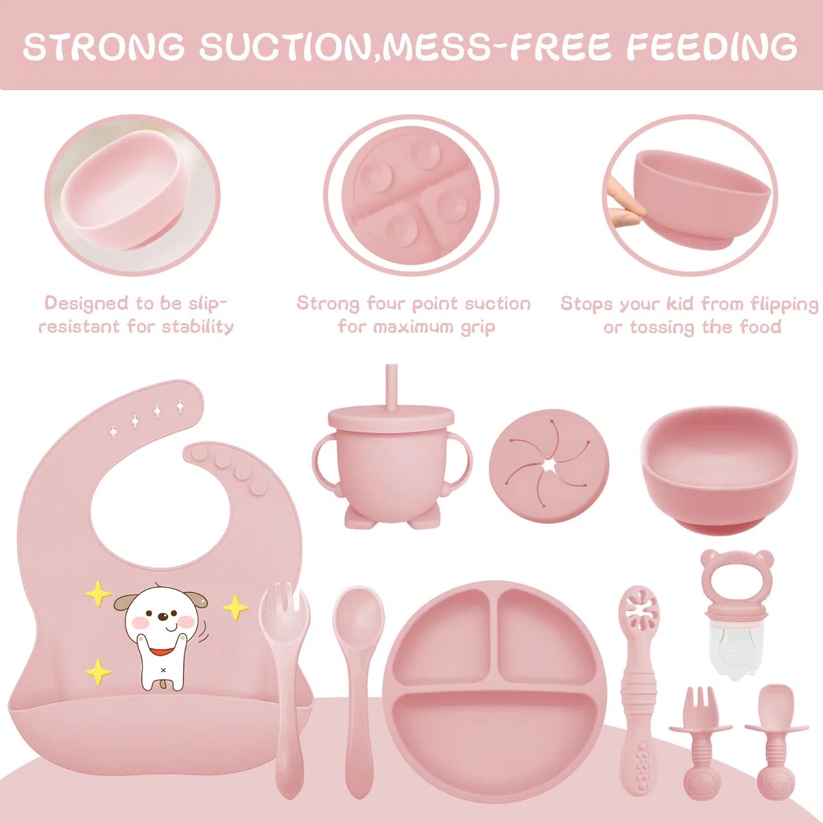 Set Pappa per Bambino, 12 Pezzi, Set Pappa Svezzamento per Bambini in Silicone, Senza BPA, Set di Posate per Bambini Antiscivolo con Ventosa Piatto Ciotola Tazza Bavaglino (Rosa chiaro)