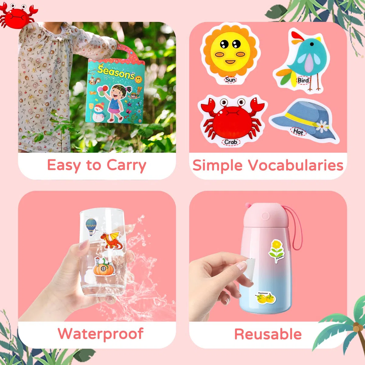 Trasparente 3D Riutilizzabile impermeabile Sticker Libri Giocattoli per bambini 3 Pack Libri adesivi per età 3-6 anni Ragazzi Ragazze adesivi stagioni,fiabe,animali marini Sticker educativo Giocattoli