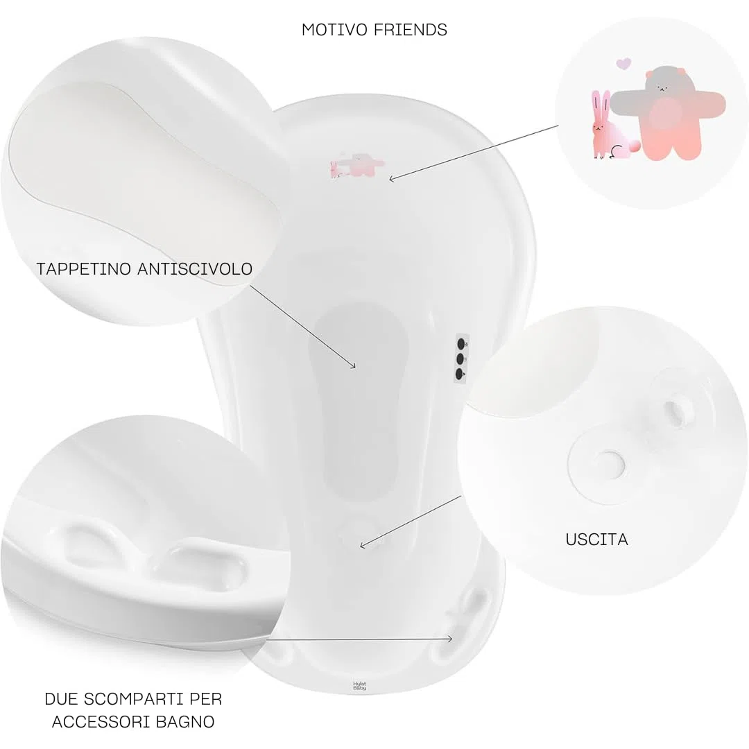 Hylat Baby Friends Bianca Vaschetta Bagnetto Neonato con Tappo di Scarico e Termometro, Vaschetta Antiscivolo per Bambini Fino a 12 Mesi in Plastica Senza BPA, Vaschetta per Neonati, Bambini