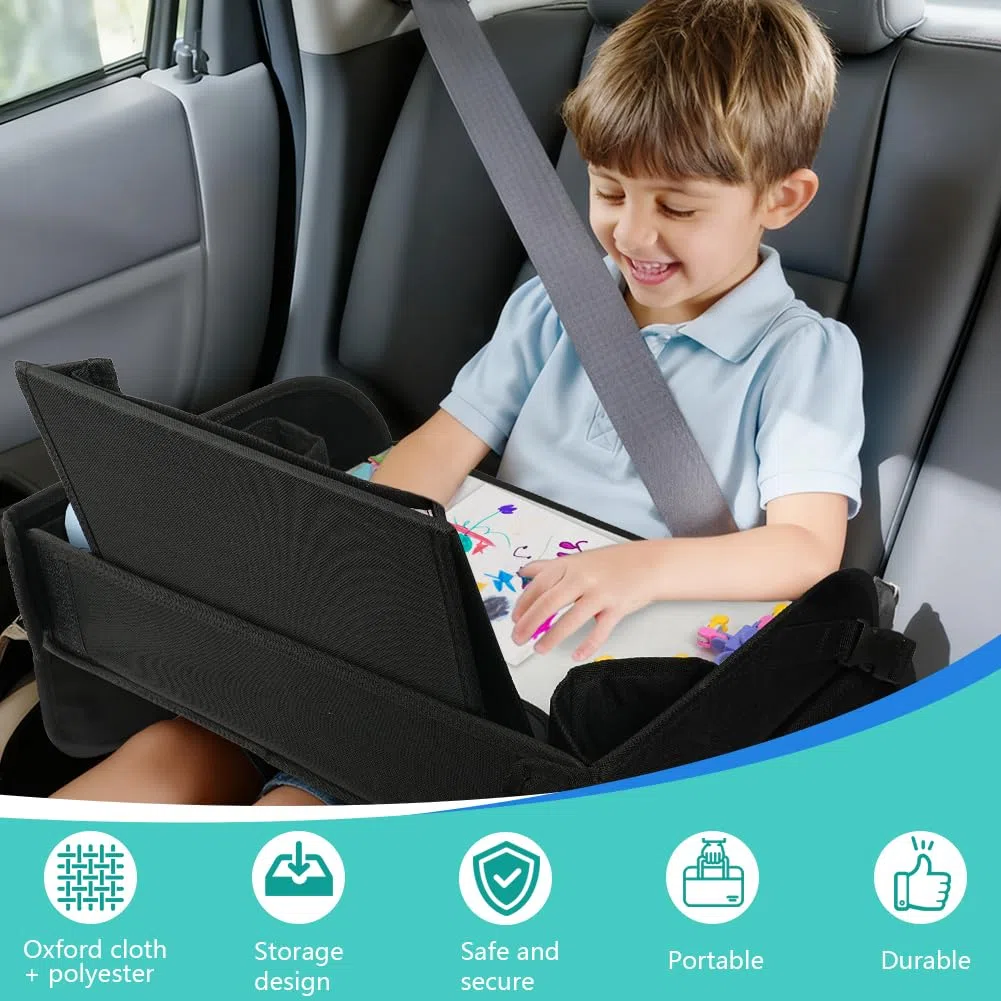 Set combinato 1 Vassoio da Viaggio e 1 Protezione Sedili Auto,Tavolino Auto Bambini, Vassoio Portatile per Tablet, Studiare/Disegnare in Macchina per Ragazze e Maschi (Pacchetto Combinato Nero)