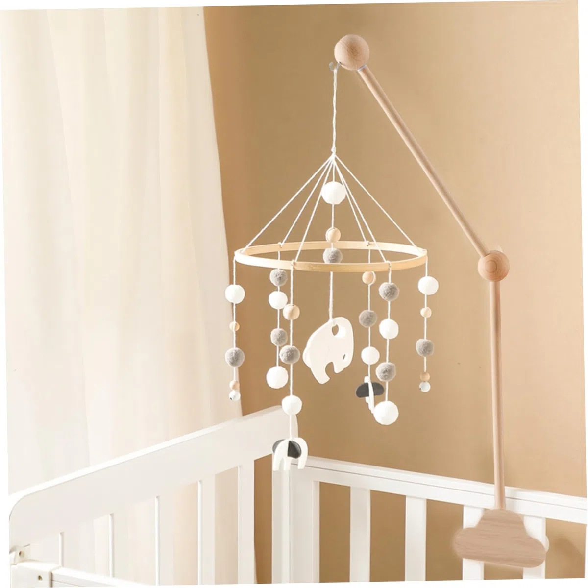 Braccio mobile per lettino da 27, 17 pollici Design a nuvola in legno Staccabile Gancio mobile per bambino regolabile in altezza Braccio per culla carino per letto Campana Campanelli eolici Gancio p