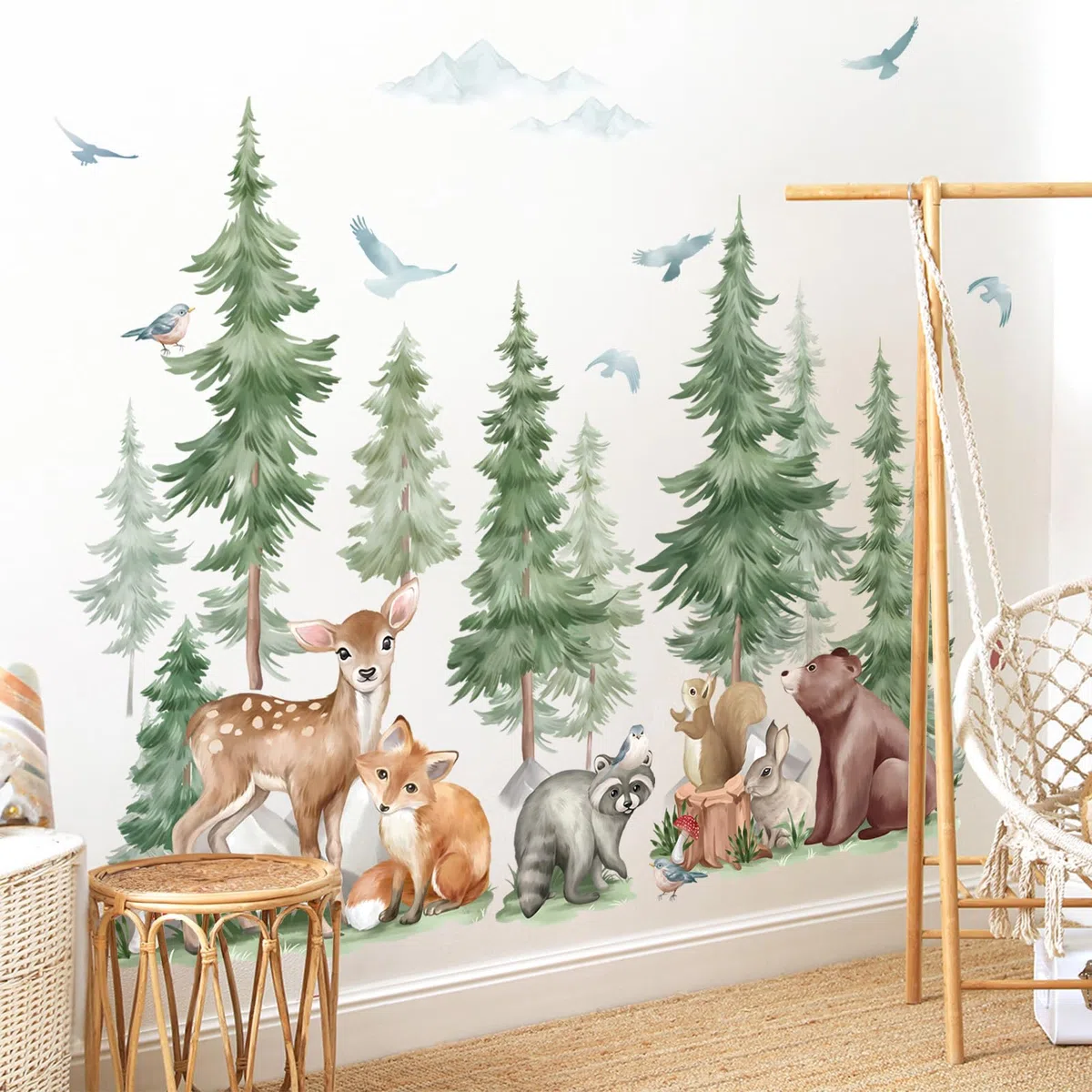 wondever Adesivi Murali Animali Foresta Albero Grande Sticker da Muro Cervo Orso Volpe Montagna Adesivi da Parete per Camerette Bambini Asilo Nido