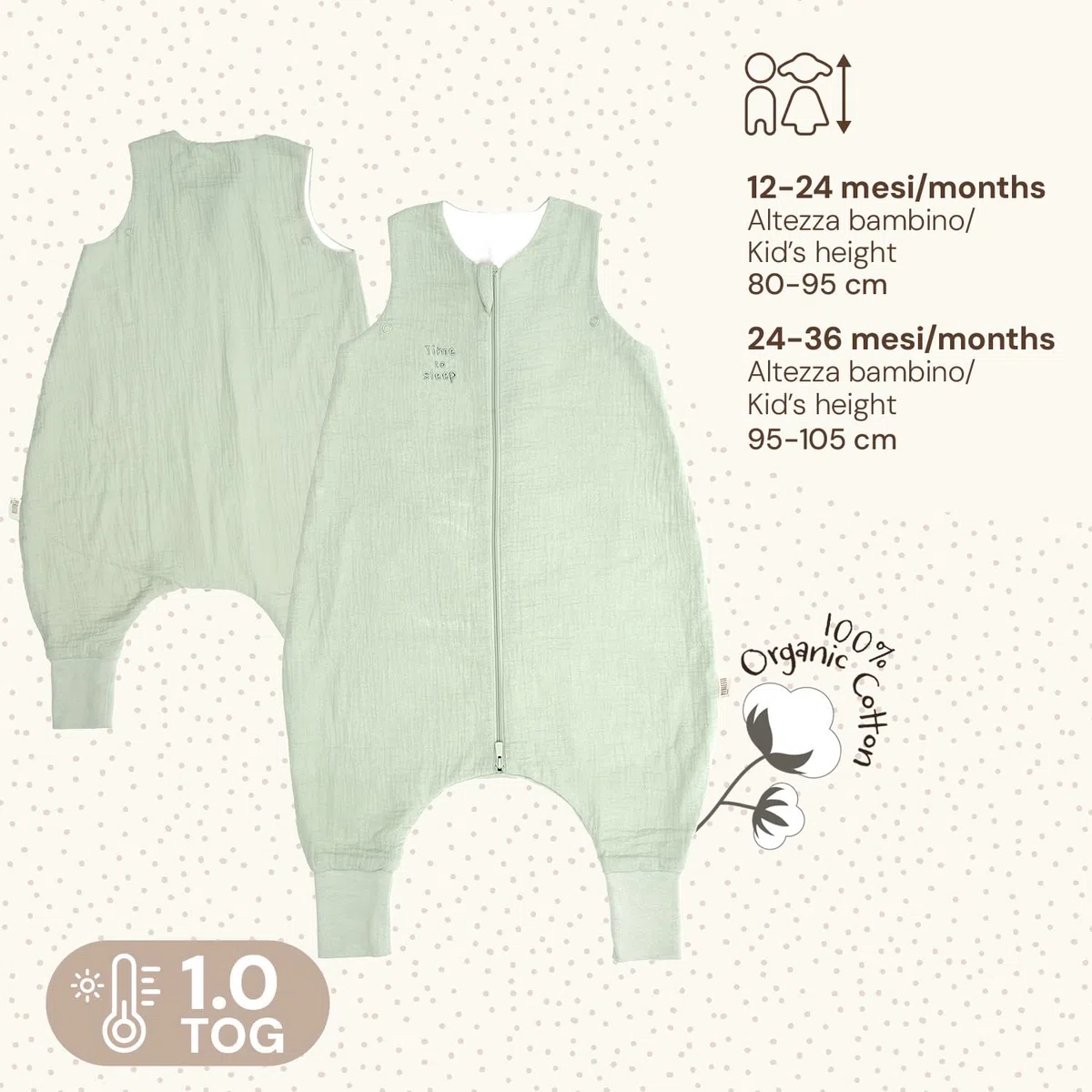 PERLETTI Sacco Nanna Tog 1 Estivo Primavera con Piedini Cotone Organico - Senza Maniche Neonato Bambino Bambina 12-24 Mesi e 24-36 Mesi - Leggero Morbido Pratico con Cerniera Centrale