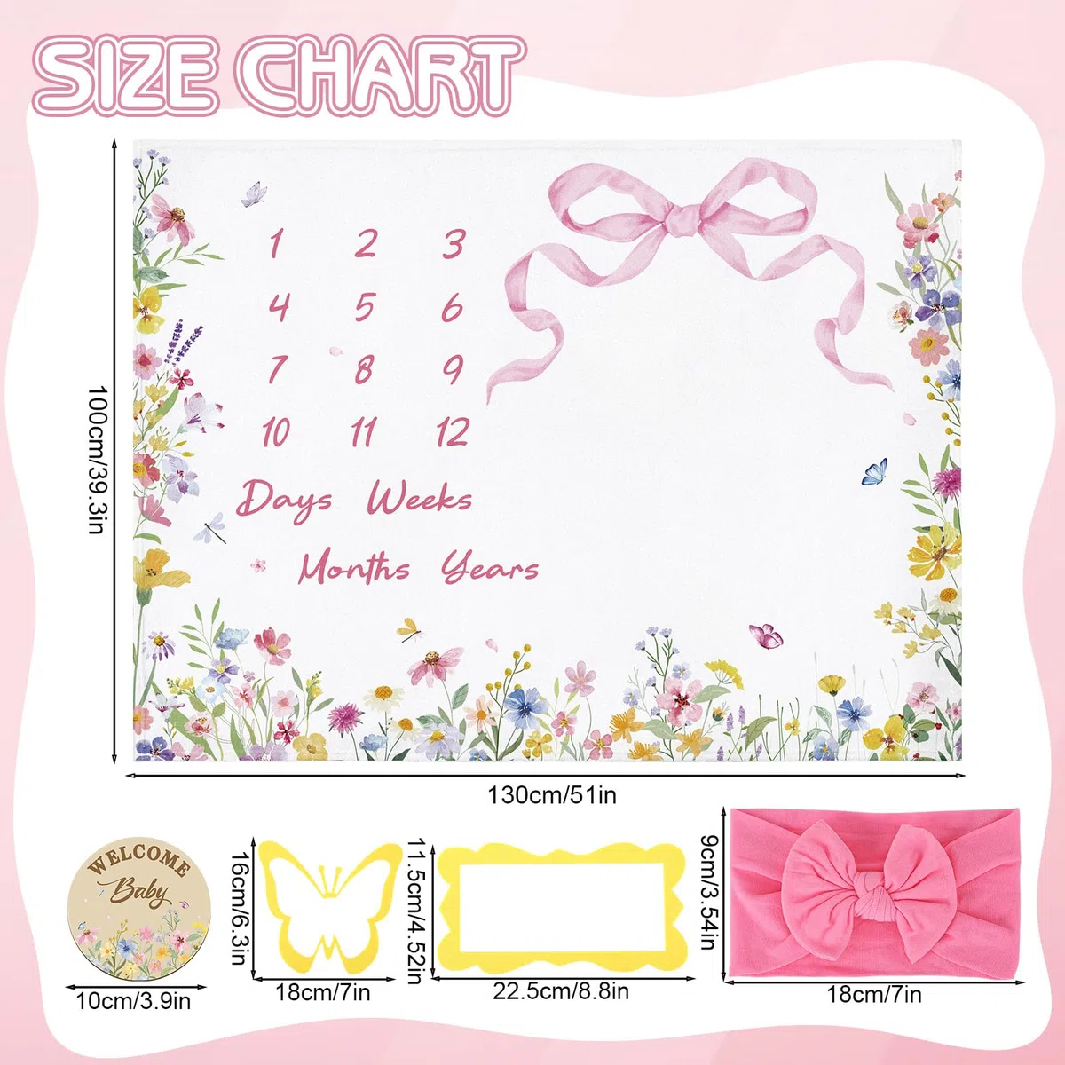 GSrenyu Coperta in flanella per bambini, con stampa floreale e fiocco, per neonati, ragazzi e ragazze, include cornice in feltro