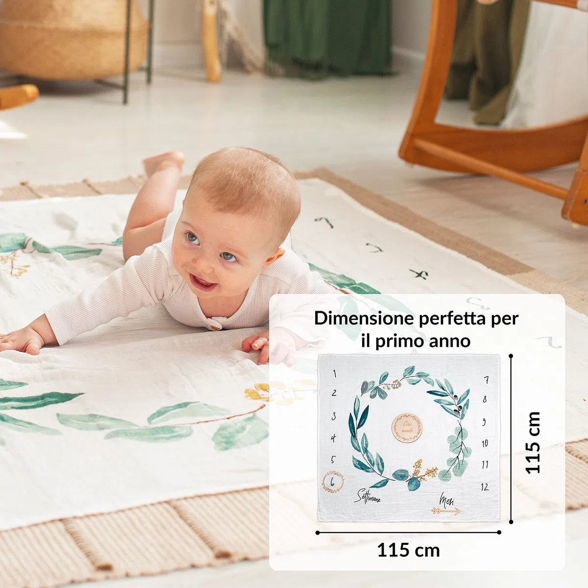 ODOXIA Coperta Mesi Neonato In Italiano | Mussole Neonato Cotone | Tappeto Mesi Maschio O Femmina, Unisex | Foglie | Regalo Baby Shower Neomamme | Copertina Cotone