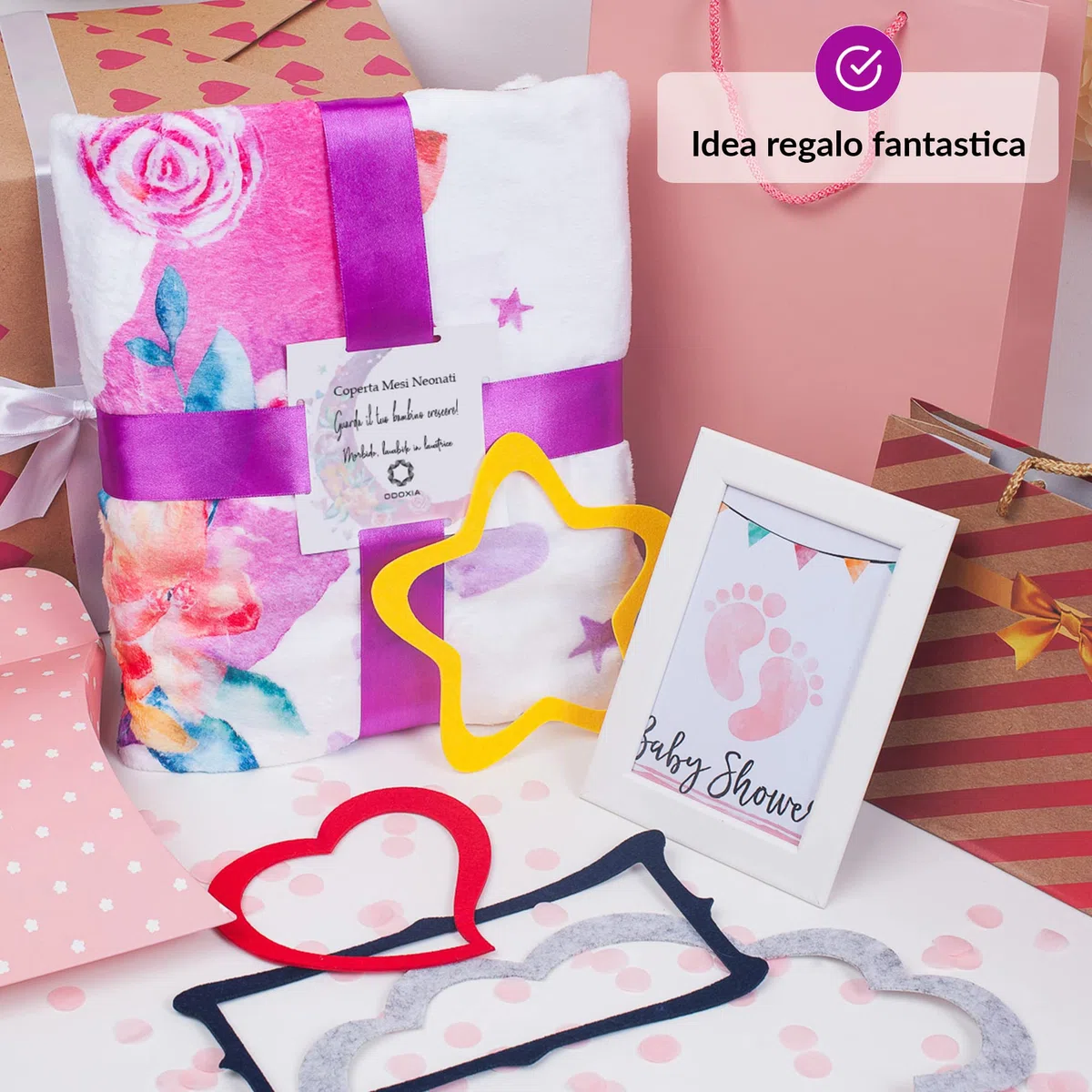 ODOXIA Coperta Mesi Neonato In Italiano | Tappeto Per Maschio O Femmina, Unisex | Luna E Fiori | Copertina Regalo Baby Shower Personalizzato Per Neomamme | Incluse Cornici