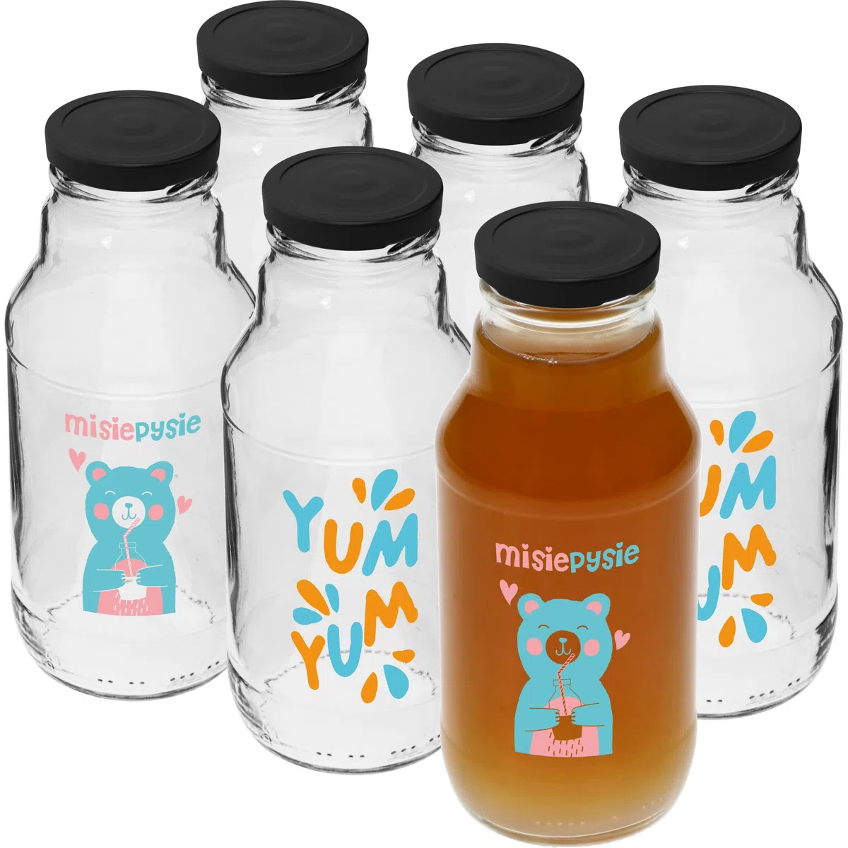 Browin 631331 - Bottiglie vuote in vetro da 330 ml, con tappo a vite, TO43, per smoothie, succhi di frutta, latte, bottiglia da 330 ml, con stampa e tappo a vite, bel design, 6 pezzi