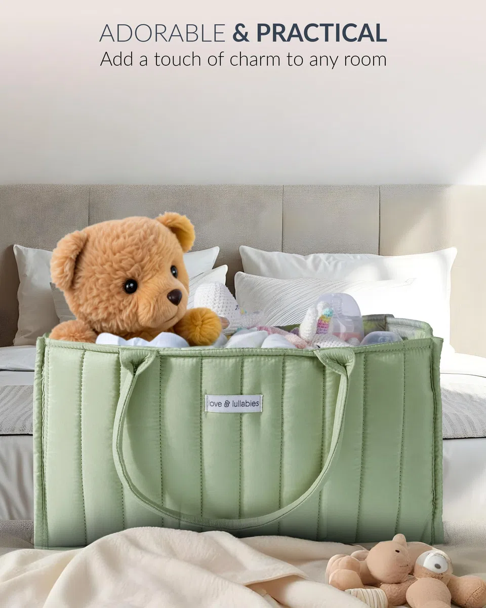love & lullabies Organizer per pannolini, elegante cestino trapuntato per il cambio del bambino, essenziale per neonati, cestino per baby shower, organizer per future mamme (verde salvia)