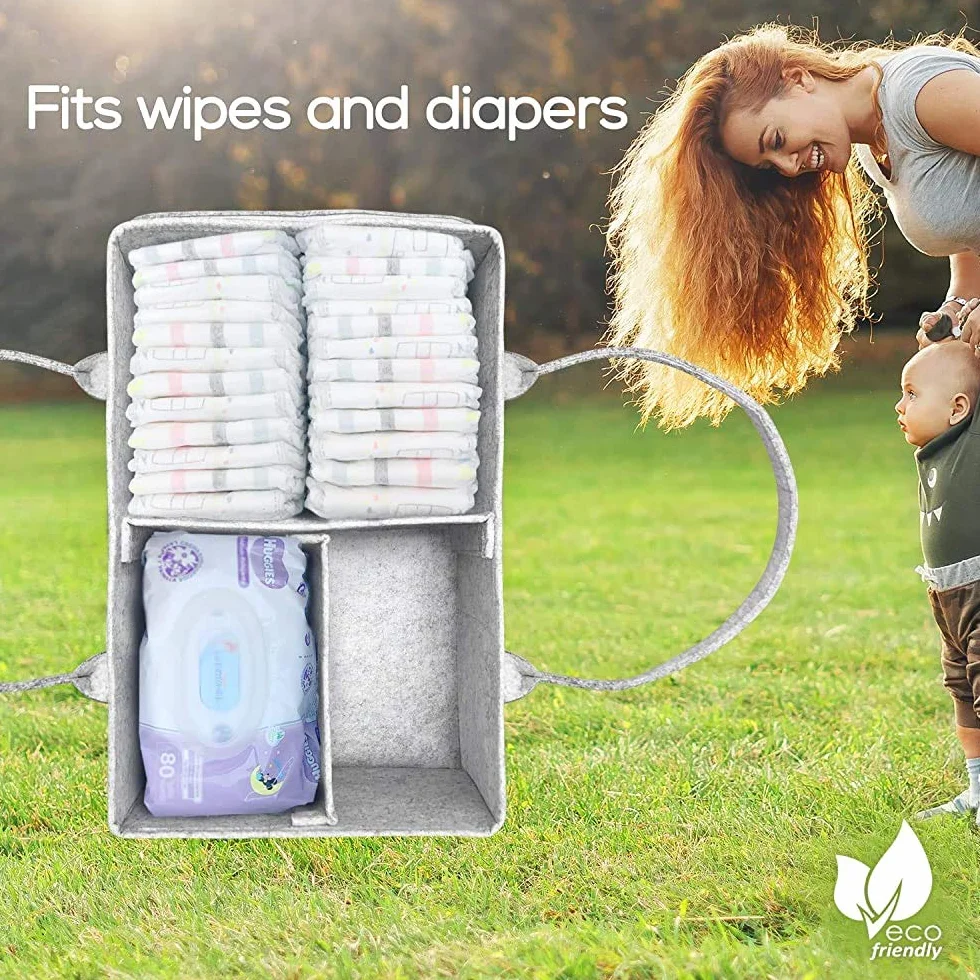 Cestino Portaoggetti per Neonati, Borsa in Feltro Baby Diaper Caddy Porta Pannolino Organizzatore con Scomparti, Portatile Fasciatoio Nursery Cestini, Sacchetto per Salviette, Grigio