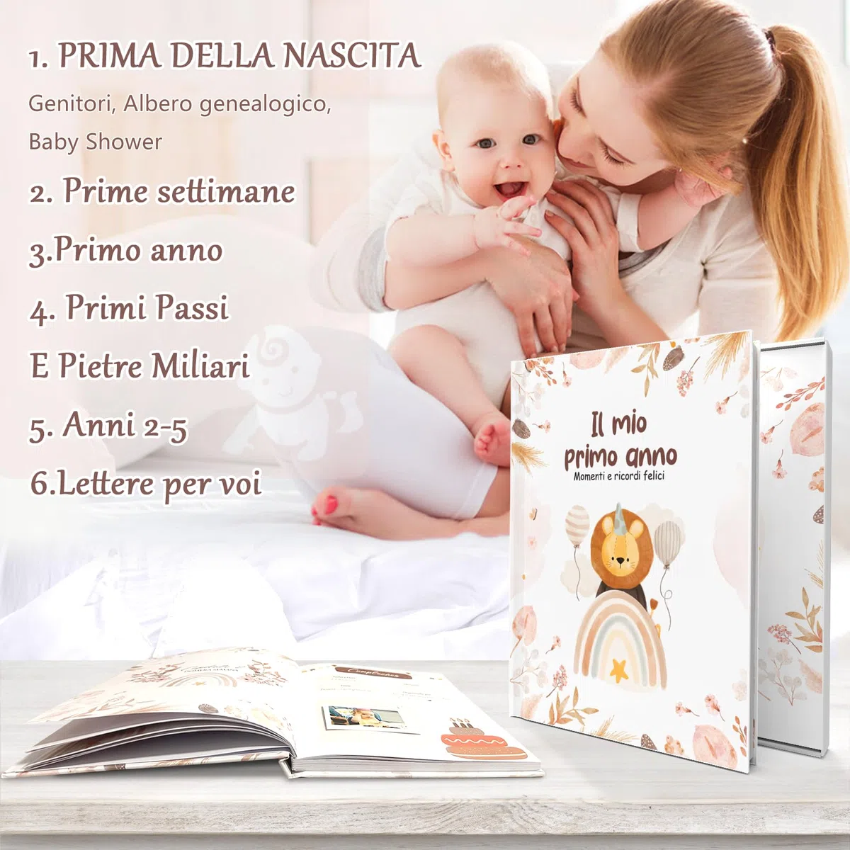 Album Dei Ricordi Neonato, 94 Pagine Libro Nascita Bimbo, Album Nascita Bambina e Bambino, Album Fotografico per il Primo Anno fino A 5 Anni, Libro Neonato Regalo Battesimo Bimbo (Italiano)