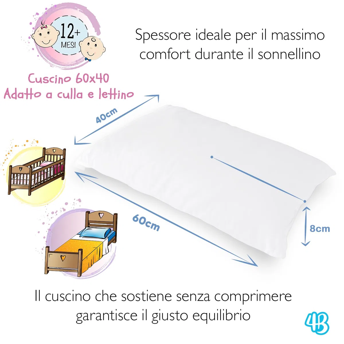 4BABIES - Cuscino Lettino Bambino 40x60, Cuscino per Bambini Traspirante Anallergico con rivestimento in Cotone 100% Italiano, Antiacaro Ipoallergenico per culla