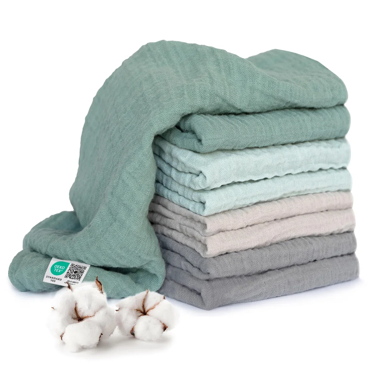MAKIAN Set di 8 pannolini in mussola, 70 x 70 cm, testati secondo lo standard Oeko-Tex 100, 8 bavaglini di qualità premium - Pannolini di stoffa / Panni in mussola a doppio tessuto - Verde ghiaccio