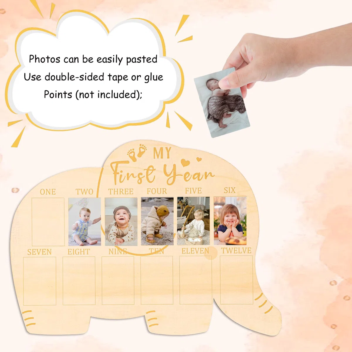 PEUTIER Cornice per Foto del Mio Primo Anno, In Legno Cornice per 12 Mesi Espositore Per Foto A Forma Di Elefante My First Year Photo Frame Regalo Per Ragazzi Ragazze Neonato Ricordi Della Mamma