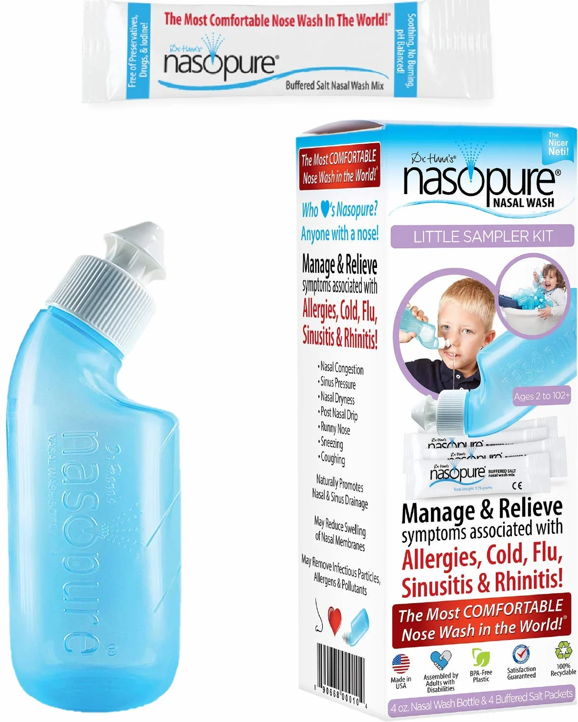 Dr. Hana's Nasopure Nasal Wash - Little Sampler Kit - Includes 1 x 4 oz Nasopure Bottle & 4 Nasopure Buffered Salt Packets