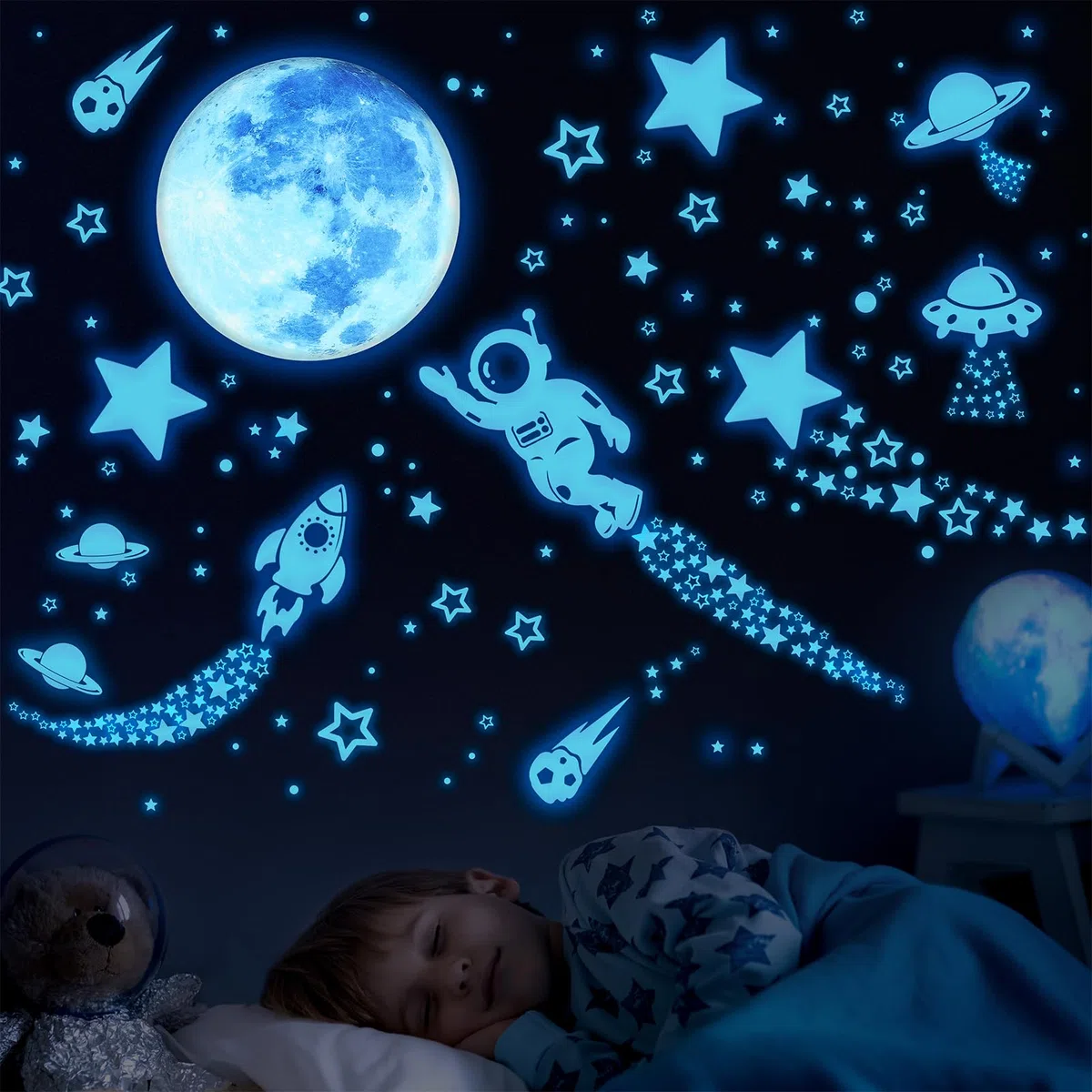 1503pz Stelle Fluorescenti Adesive Soffitto, Luna e Astronauti Adesivi luminescenti, Stelle luminose Adesivi murali per la decorazione della stanza dei bambini (Blu)