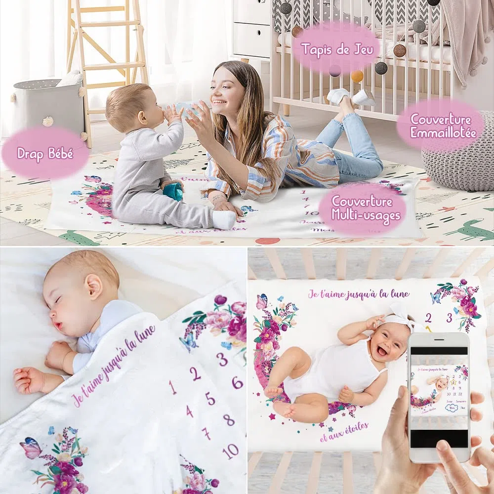 Coperta Mesi Neonato, con 4 Cornici per Foto Per Maschio O Femmina,Tema Luna Regalo Baby Shower Personalizzato Per Neomamme Copertina Bambino 130x100cm