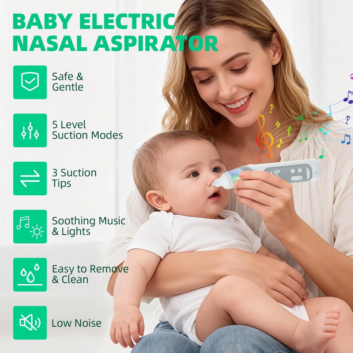 Aspiratore nasale neonato - Aspiratore nasale per neonati e bambini con 5 livelli di aspirazione regolabili e 3 punte in silicone, funzione musicale e luci a LED