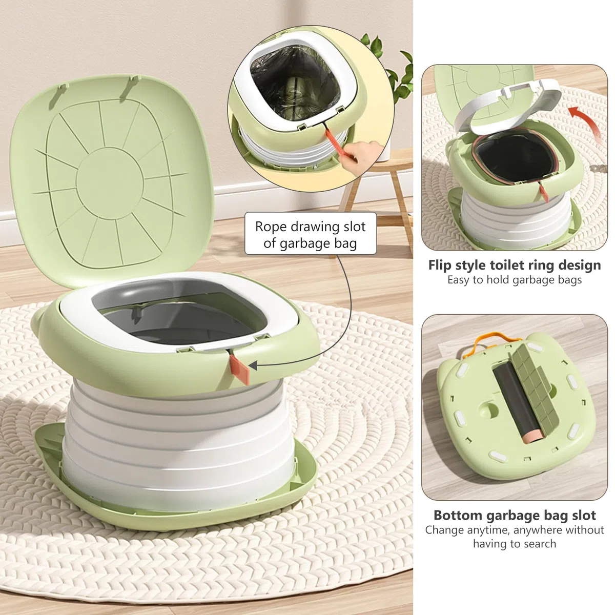 Vasino Portatile per Bambini da Viaggio, 4 in 1 Vasino per Bambini WC Pieghevole Facile da Usare Vasino da Viaggio per Bambini con Borsa Sedile Riduttore Portatile Interni ed Esterni, 15 Borsa, Verde