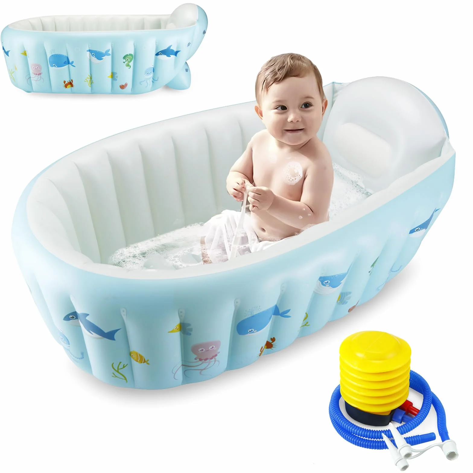 PandaEar Vasca da Bagno Gonfiabile per Bambini, Vaschetta Portatile da Viaggio per Neonati e Bambini con Pompa ad Aria, Bacinella Pieghevole Antiscivolo, Mini Piscina per Neonati (Blu Balena)
