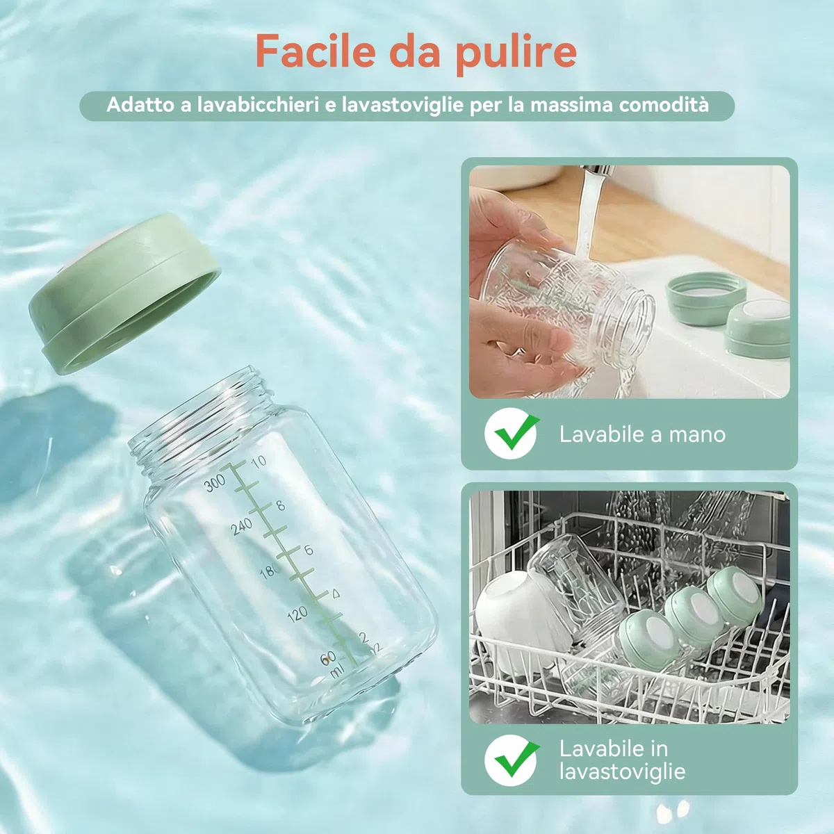 4PCS Biberon per Conservazione Latte Materno 300ml Confezione da Raffreddatore Momcozy 650ml– Anti-Perdita Collo Largo Compatibili con Spectra S1 S2 9Plus SG Motif Luna (Verde)
