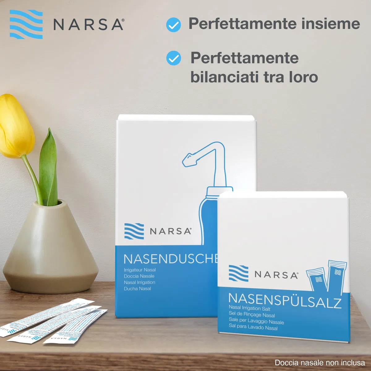 NARSA Doccia Nasale con 30 x Sale ∙ Lavaggio Nasale Adulti e Bambini ∙ Vasetto da Pulizia Nasale Premium