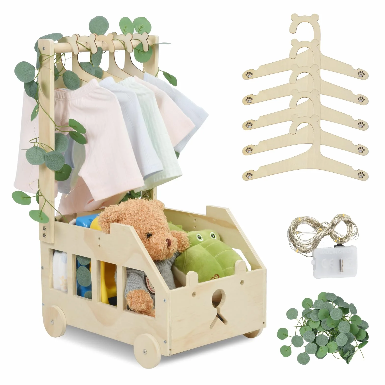 OTraki Baby Shower Boxes In Legno, Cesto Giochi Bambini con Manico Cestino in Legno per Baby Shower con Foglie Decorative, 5 Grucce Regalo Personalizzato Per Neonato Per Shower