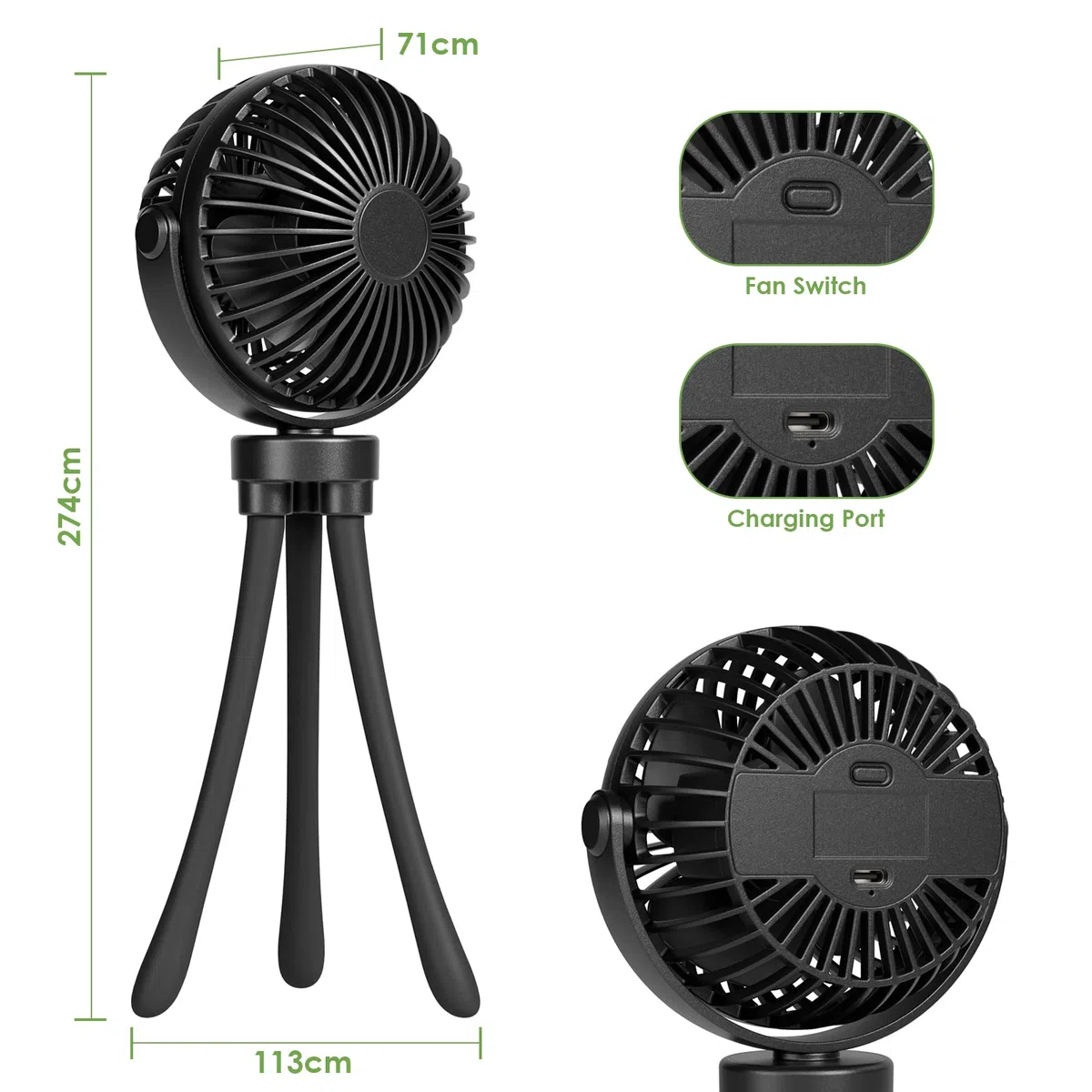 Ventilatore USB, Ventilatore Passeggino con 3 Velocità Regolabili, Flessibile Treppiede, Mini Ventilatore Portatile pour per Campeggio, Seggiolino Auto, Sport, Carrozzina