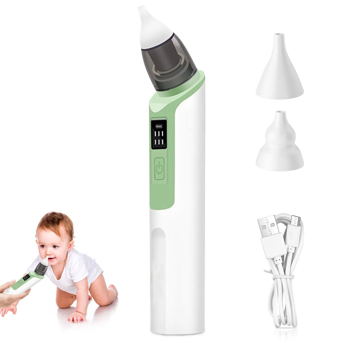 Aspiratore nasale per bambini, aspiratore nasale elettrico, aspiratore nasale, aspiratore nasale con 6 livelli di aspirazione e 2 punte in silicone ricaricabile, per neonati e bambini piccoli (verde)