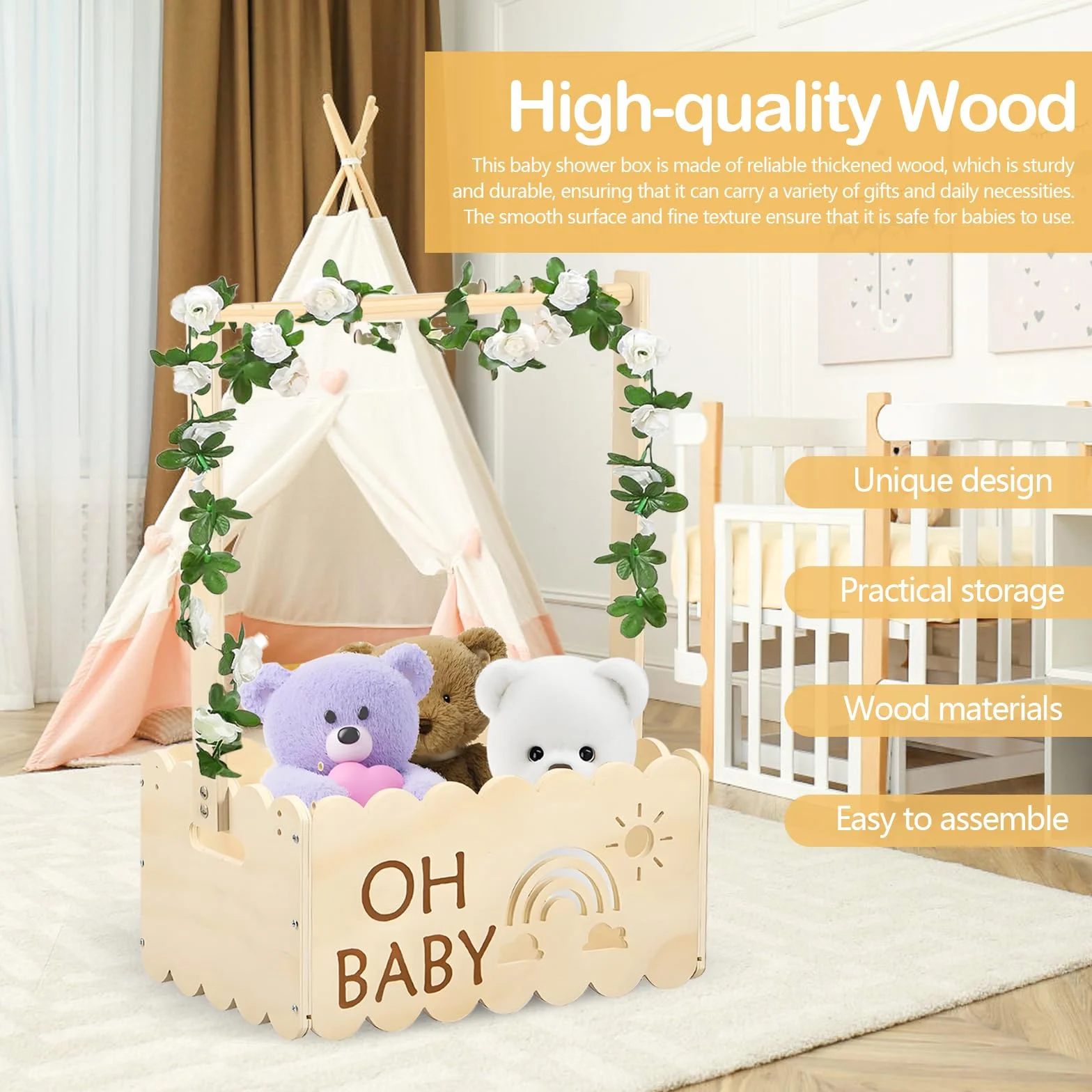 Cestino Per Neonati In Legno, Scatola Di Legno Per Baby Shower Mobiletto In Legno Per Baby Shower Cesto Per Neonato Con Rosa E 5 Grucce Regalo Personalizzato Per Neonato Per Baby Shower