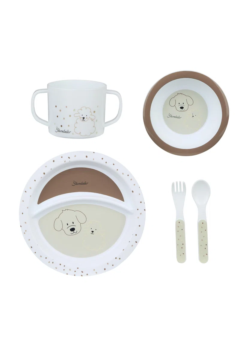 Sterntaler Set di stoviglie da fattoria – stoviglie per bambini e bambini con base antiscivolo su piatto, tazza e tazza – robuste stoviglie per bambini e bambini in materiale alimentare, beige