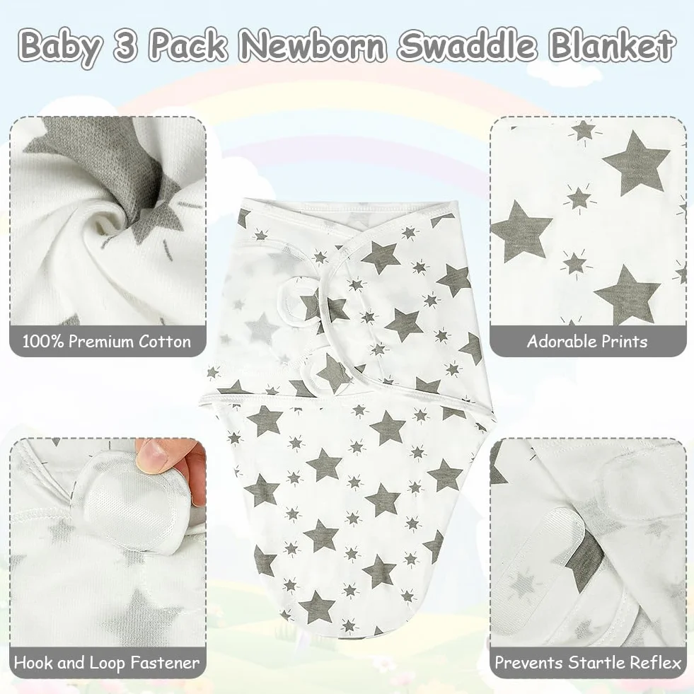 Coperta Neonato Swaddle, 3 Pezzi Sacco per il Sonno Ergonomico, Copertina Avvolgente Regolabile per Neonato, Morbido e Confortevole, Adatto per Neonati 0-3 Mesi