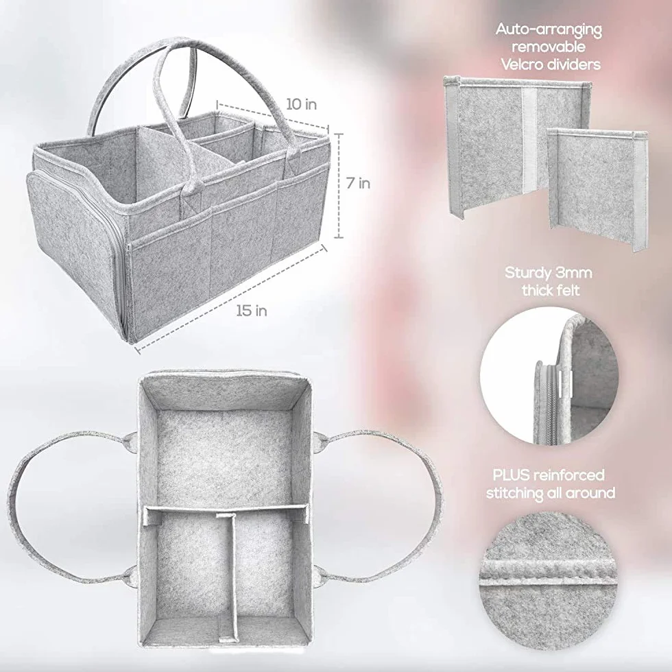 Cestino Portaoggetti per Neonati, Borsa in Feltro Baby Diaper Caddy Porta Pannolino Organizzatore con Scomparti, Portatile Fasciatoio Nursery Cestini, Sacchetto per Salviette, Grigio