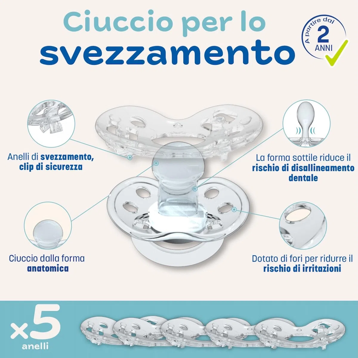 CLIPP Kit - Ciuccio per lo svezzamento Stelle + 5 anelli per lo svezzamento graduale - Svezzamento a tappe, facile e delicato - Dispositivo brevettato - Prodotto in Francia - A partire dai 2 anni