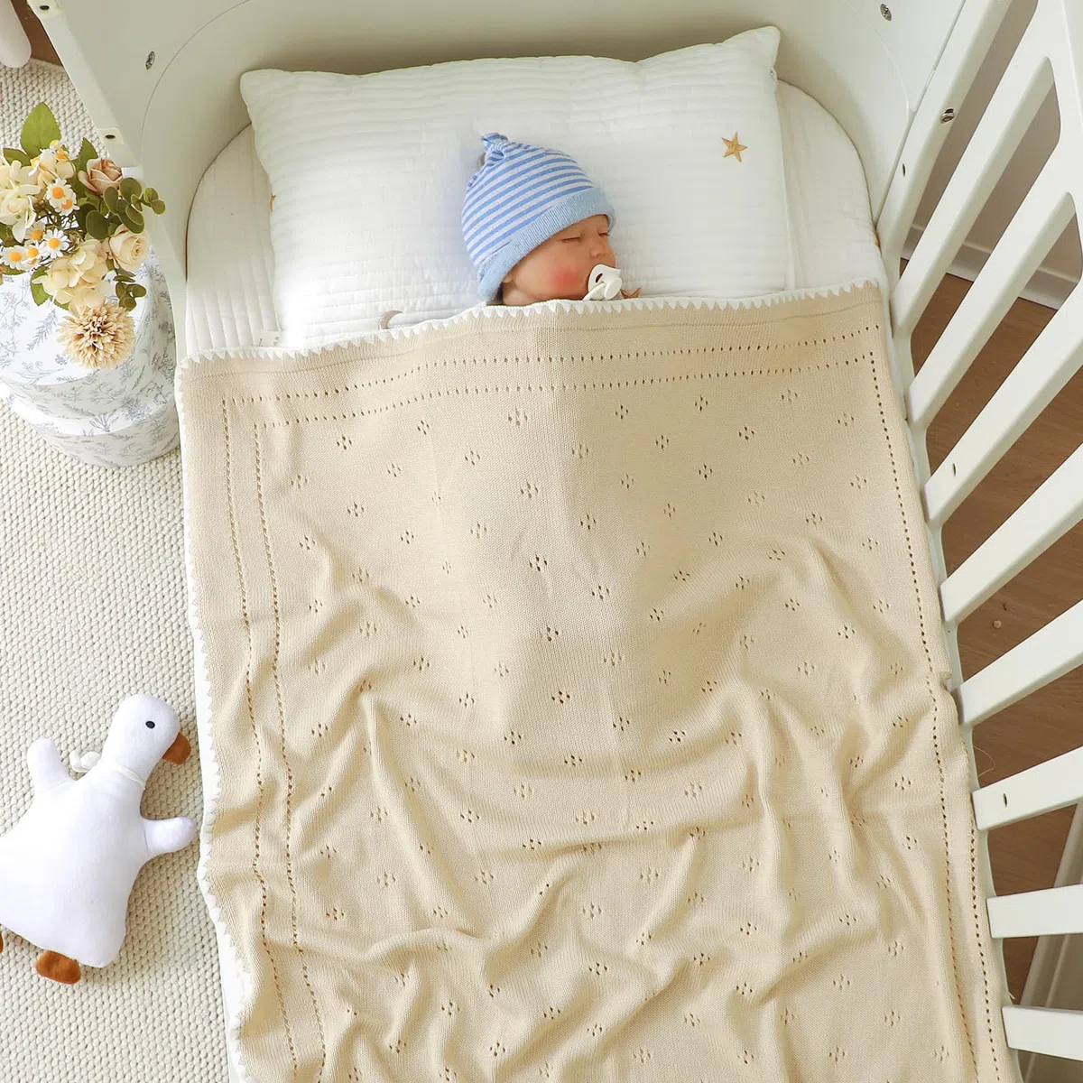 Coperta per neonati in 100% cotone, lavorata a maglia, morbida, lavorata all'uncinetto, per neonati, ragazze, bambini, con bordo adorabile (cammello)