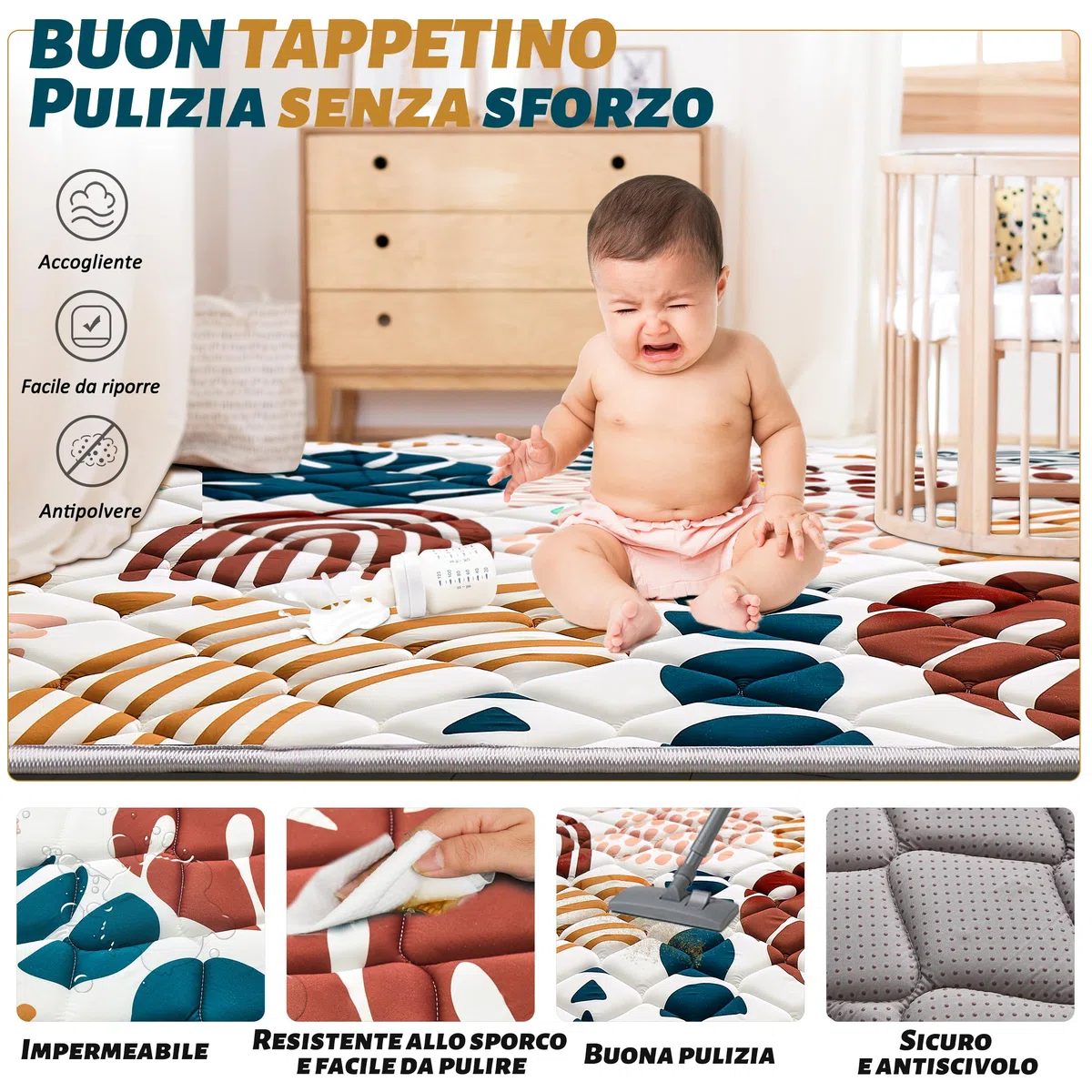 YBIKE Tappetino Gioco Pavimento, 119x119cm Grande Tappeto Pieghevole Antiscivolo Spesso, Morbido Tappeto Portatile, Lavabile in Lavatrice (Foglie Boho)