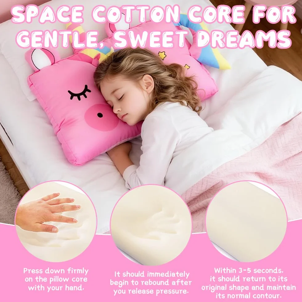 Cuscino Memory Foam Bambini, 45 x 27 cm Cuscino per Bambini 3 Anni, Motivo Leone Cuscinobambini, Ergonomico Cuscinobambino 2 Anni, Cuscinoperbambini con Federa (Unicorno)