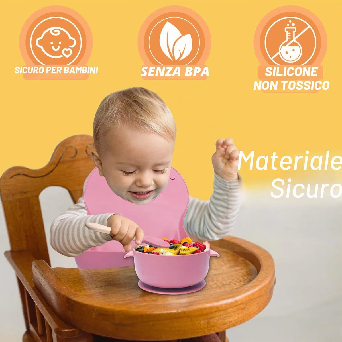 Posate set da 10 pezzi in silicone antiscivolo con ventosa, bavaglino, ciotola, cucchiaio, forchetta, beige