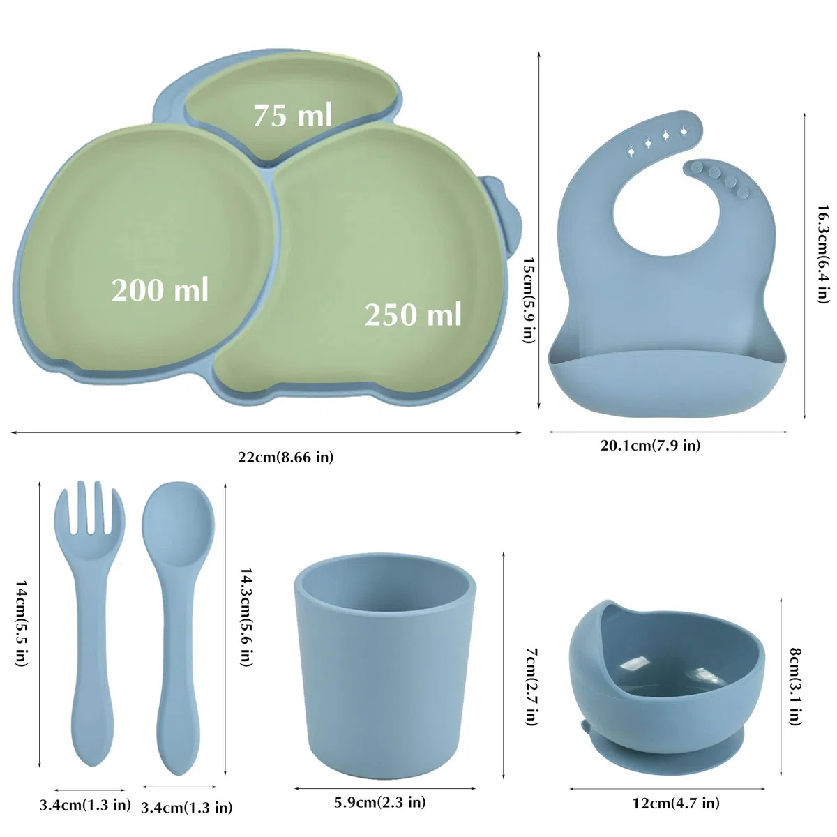 Set Pappa Svezzamento per Bambini 6 Pezzi Set Svezzamento Silicone Piatto con Ventosa Bavaglino Cucchiaio Forchetta Senza Tazza BPA Set Pappa Antiscivolo per Neonato Bimbo, Blu