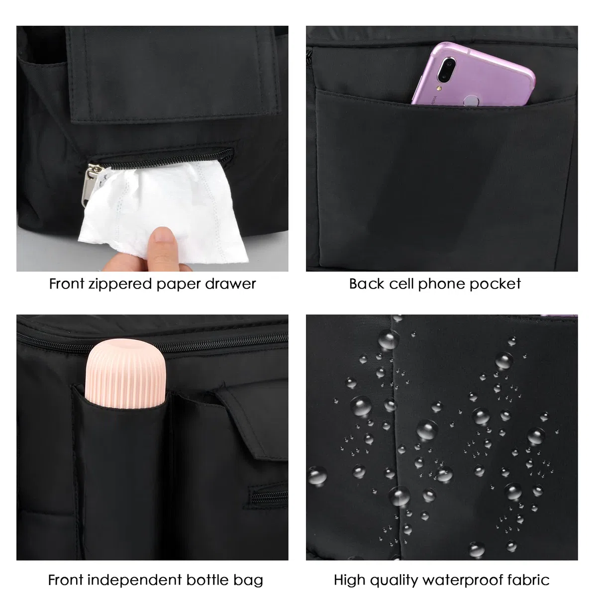 Borsa per Passeggino Universale, Organizer Passeggino con Spallacci Regolabili, Borsa Carrozzina Impermeabile, Borsa da Appendere Passeggino, Passeggino Accessori Forniture, Nero
